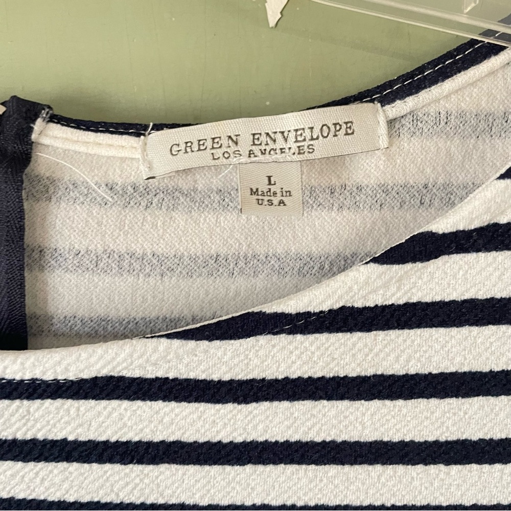 Green Envelope Navy Blue and White Striped Blouse - Picture 2 of 7